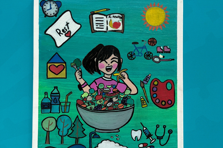 Leia Ysabelle Cruz's winning artwork for the 'What Does Health Mean to You?' Healthy Art Competition, featuring vibrant illustrations of a balanced lifestyle and well-being.