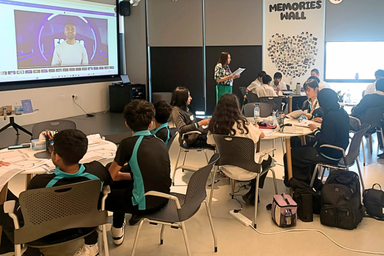 Classroom esports workshop with video learning and student collaboration in UAE