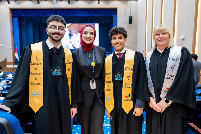 ICS Mushrif graduates with faculty members during the Class of 2025 graduation ceremony in Abu Dhabi.
