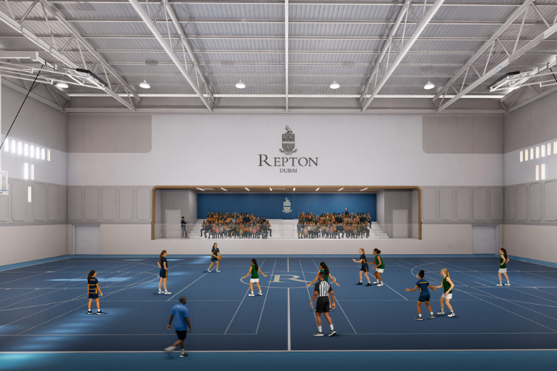 Students playing netball inside the newly designed indoor sports court at Repton Dubai