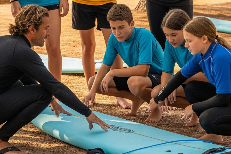 Kids learning surf skills at Al Ain Adventure summer scout camp