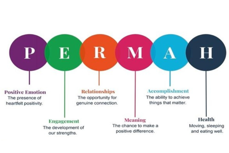 Visual diagram of the PERMAH model, outlining six pillars of wellbeing used in Dubai schools.