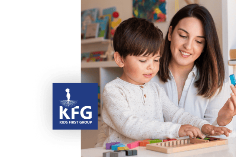 Mother and child engaging in developmental activities with educational tools, supported by Kids First Group.