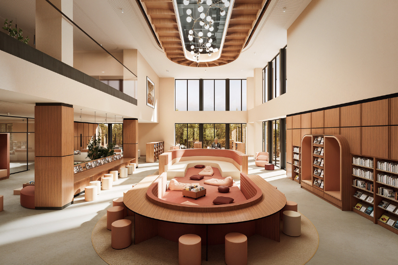 Contemporary school library lounge with circular seating and open light-filled space