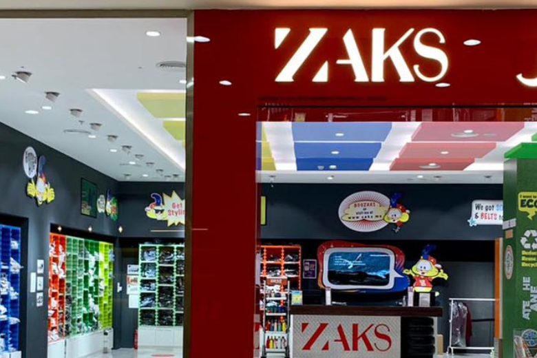 Front entrance of Zaks school uniform store in Dubai showcasing branded retail display.