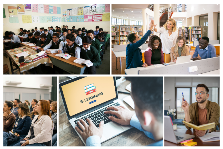 Collage of classrooms, e-learning, and higher education environments including students and teachers in various learning settings.