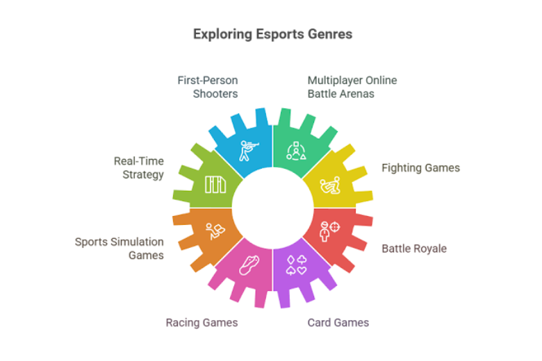 Infographic showing esports genres including FPS, MOBAs, fighting games, battle royale, sports simulation, racing, card games and real-time strategy.