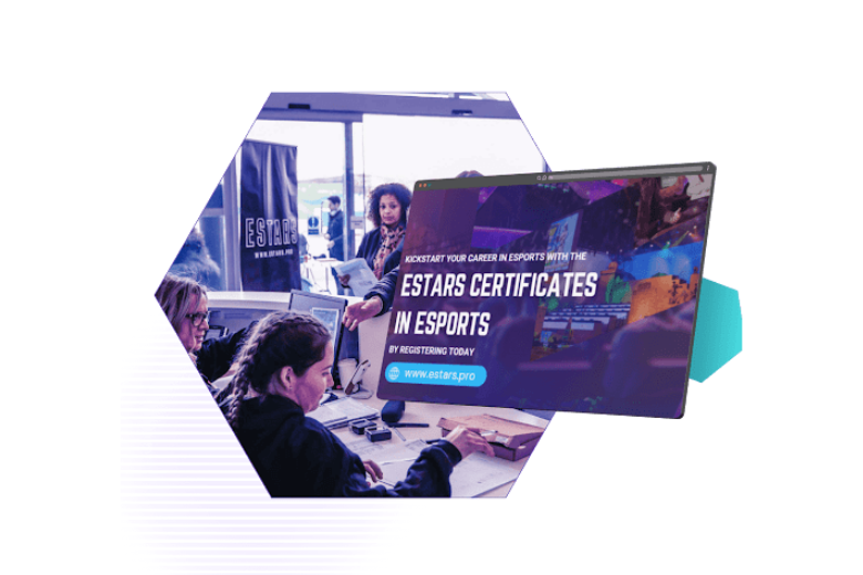 Students taking part in EStars esports education programmes with certificates in esports displayed.