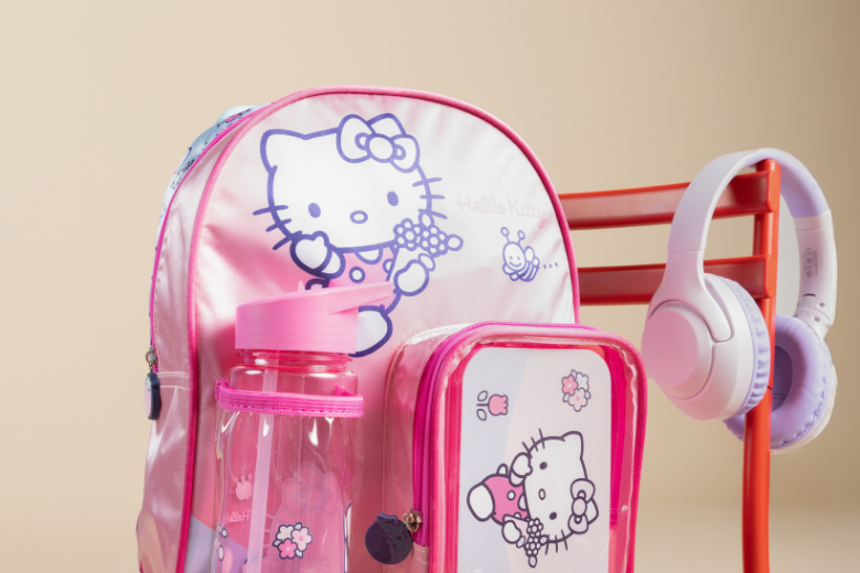 Hello Kitty backpack set with matching lunch bag, water bottle, and headphones from Babyshop