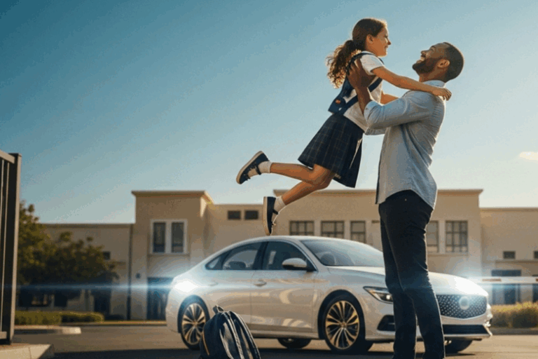 Father lifting daughter in front of school after commute with Invygo car subscription UAE
