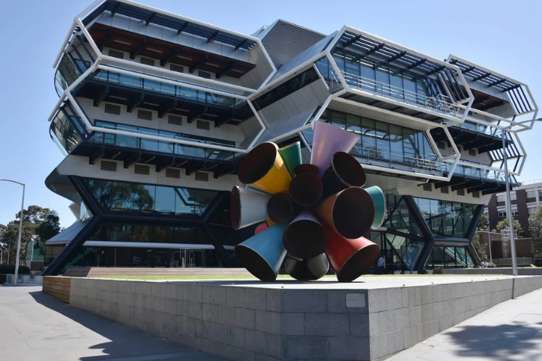 Modern architecture and colourful sculpture at Monash University campus in Melbourne