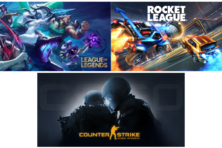 Images of League of Legends, Rocket League and Counter-Strike, popular esports games played worldwide and in Dubai.
