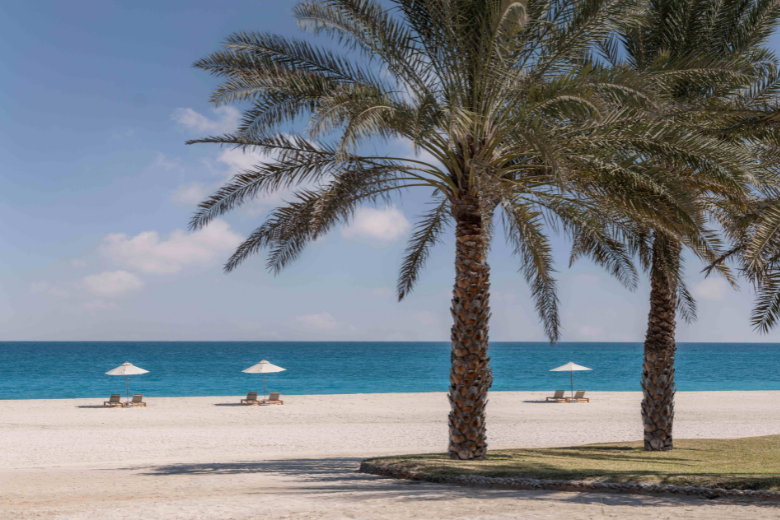 Palm trees and sun loungers on the white sandy beach at Al Yamm, Anantara Sir Bani Yas Island