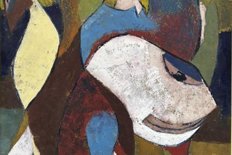 Abstract painting Fluck of like minds, 1975, by Nigerian artist Muraina Oyelami at Focus Nigeria Spotlight Sector.