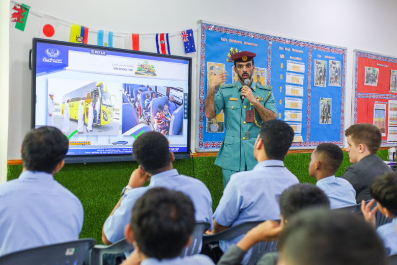bloomington-academy-student-road-safety – Students participating in road safety awareness drive at Bloomington Academy Ajman