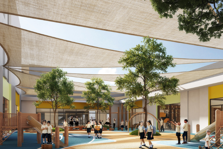 Horizon English School Town Square shaded outdoor play area for Early Years students with play structures and trees