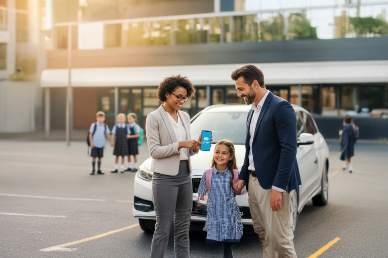 Parents showing their daughter a phone outside school next to an Invygo rental car, symbolising a stress-free back-to-school commute.