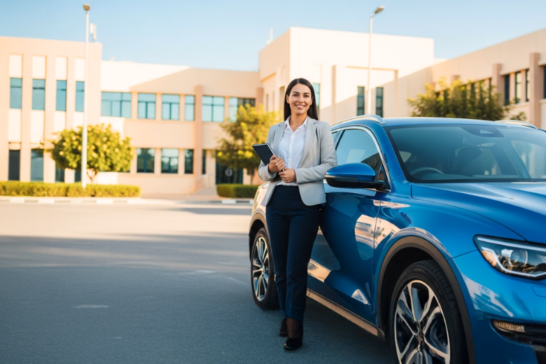 Professional woman standing confidently by an Invygo rental car in a school car park, showcasing reliability and style for parents during back-to-school season.