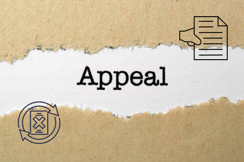 Appeal concept with document and cancellation icons on torn paper.