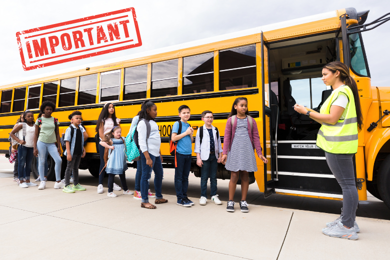 Children boarding a school bus with “important” sign.
