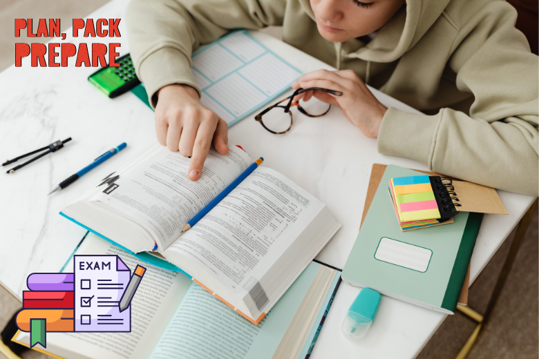 Student preparing with textbooks and notes, highlighting exam readiness during the longer UAE winter break.