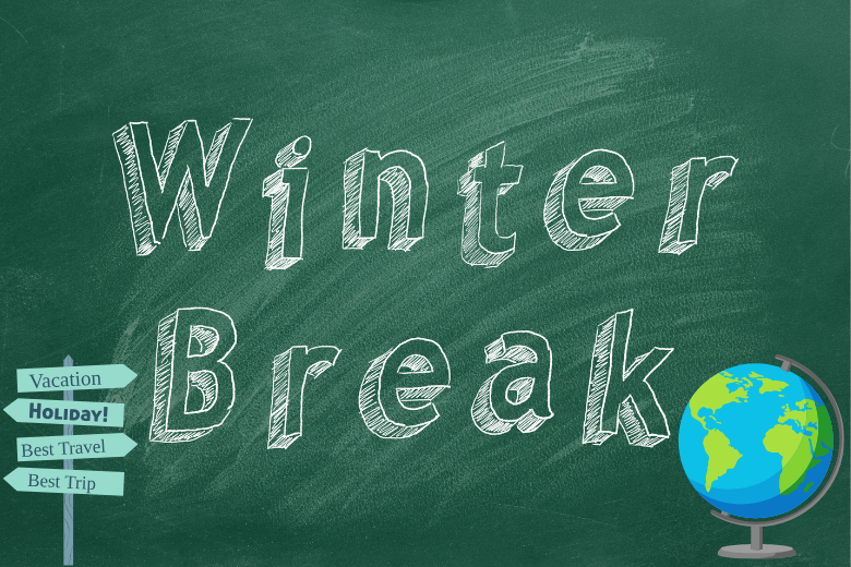 Chalkboard with ‘Winter Break’ text and globe illustration, representing international research supporting UAE’s extended school holidays.