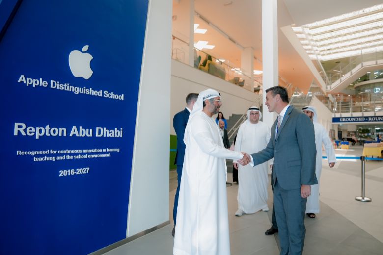 Steven Lupton, Principal of Repton Abu Dhabi welcoming His Royal Highness Sheikh Ahmed Bin Hamdan and representatives from Mubadala and the UAE Sailing and Rowing Federation