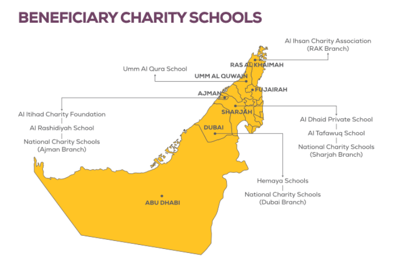Map of the UAE showing beneficiary charity schools supported through Dubai Cares’ Students for Students programme.