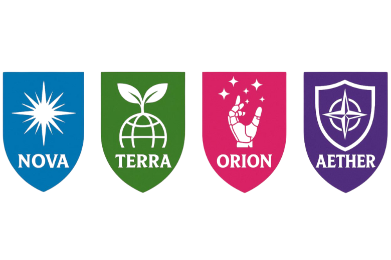 BC Academy House crests for Nova Terra Orion and Aether in blue green pink and purple