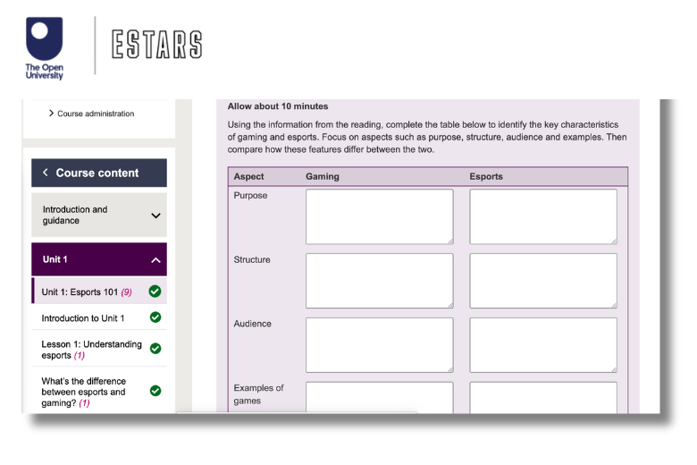 Open University online course interface displaying the Esports 101 unit for the EStars CPD qualification.