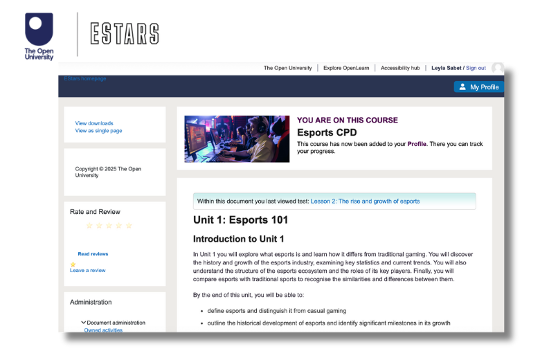 Course dashboard for the Open University and EStars online CPD showing unit progress and modules.