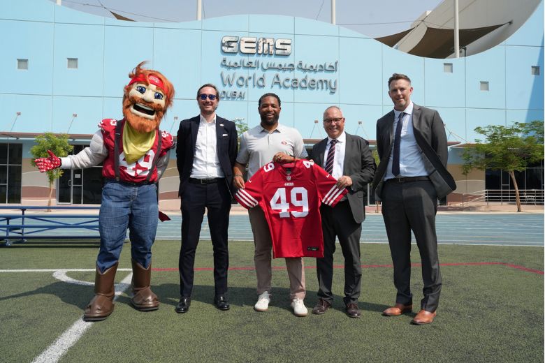 (L-R) Sourdough Sam_ Jonathan Casbon, Director, 49ers UAE_ Justin Prettyman, Executive Director, 49ers Foundation_ Heath Monk, CEO, GEMS World Academy_ Robin Montgomery, GEMS Education Senior Leadership Team