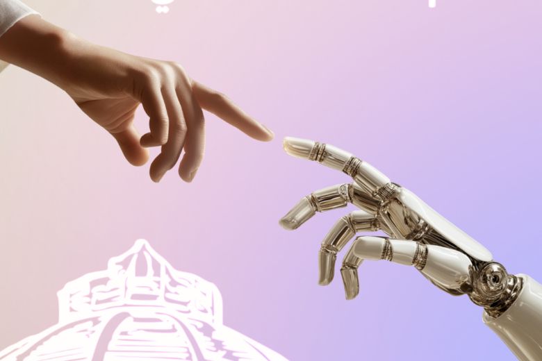 Human and robotic hands symbolising ethical artificial intelligence at SUAD