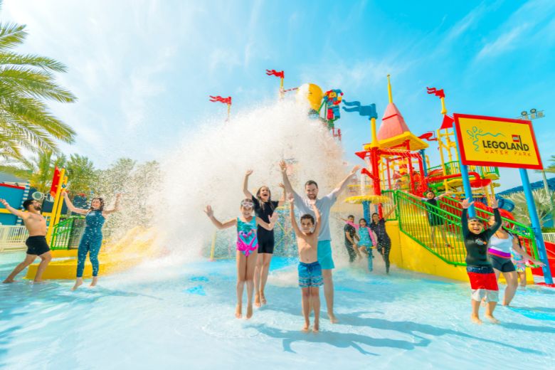 Children enjoying slides and attractions at LEGOLAND Dubai Water Park during the Junior LEGO Builder School Challenge.
