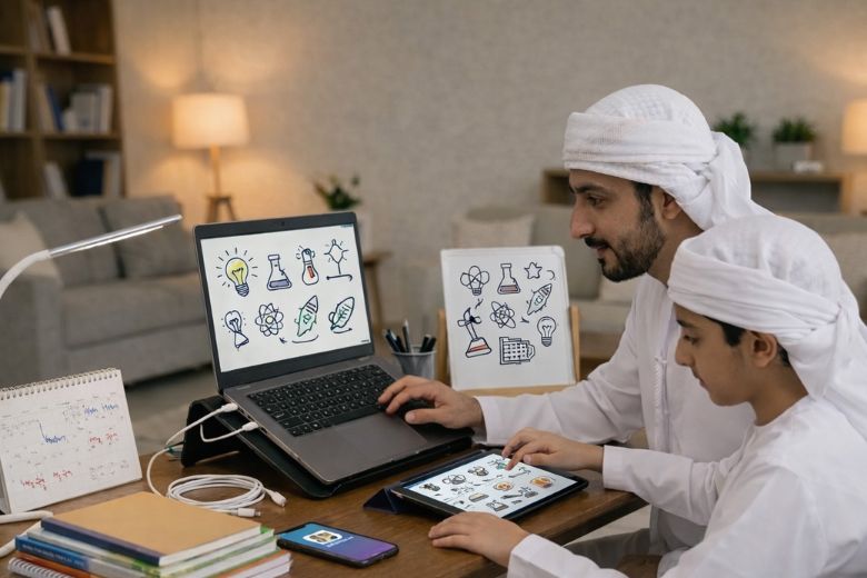Father assisting child with homework during distance learning using digital platform