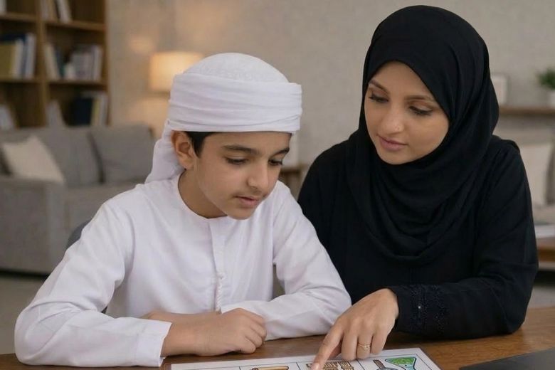 Mother guiding young child through virtual lesson while supervising screen use at home