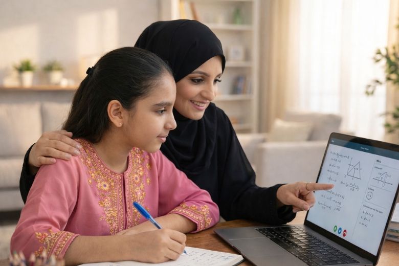 Parent discussing daily lessons with child after completing online classes