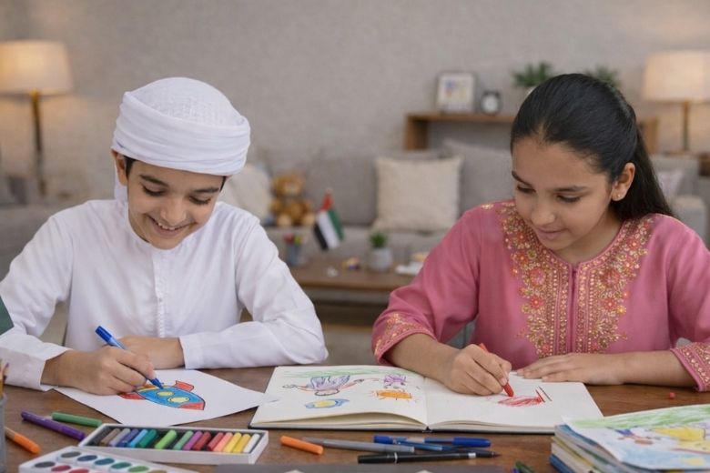 Kids engaged in creative colouring activity during break from online learning