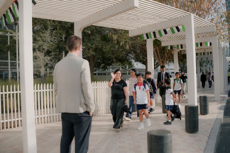 Students and parents arriving at Repton Abu Dhabi, welcomed by the leadership team
