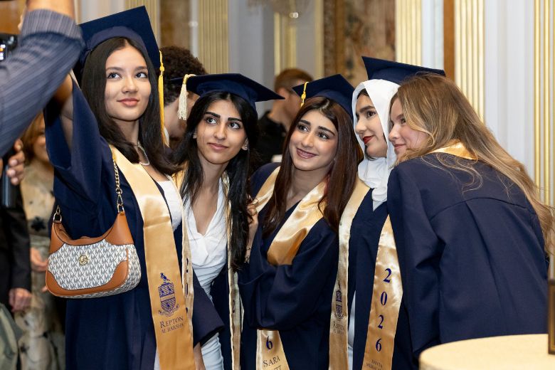 Graduates of Repton Al Barsha pose for photographs during the school’s first Sixth Form graduation celebration
