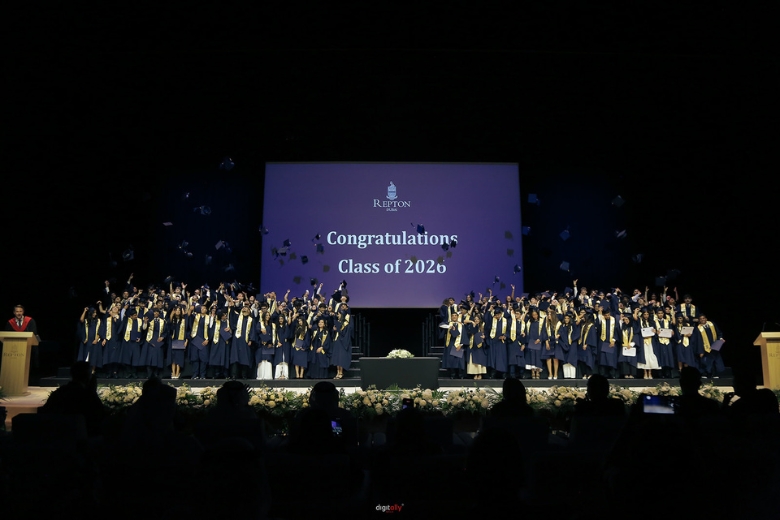 The Class of 2026 gathers for a commemorative photograph following the graduation ceremony at Dubai Opera